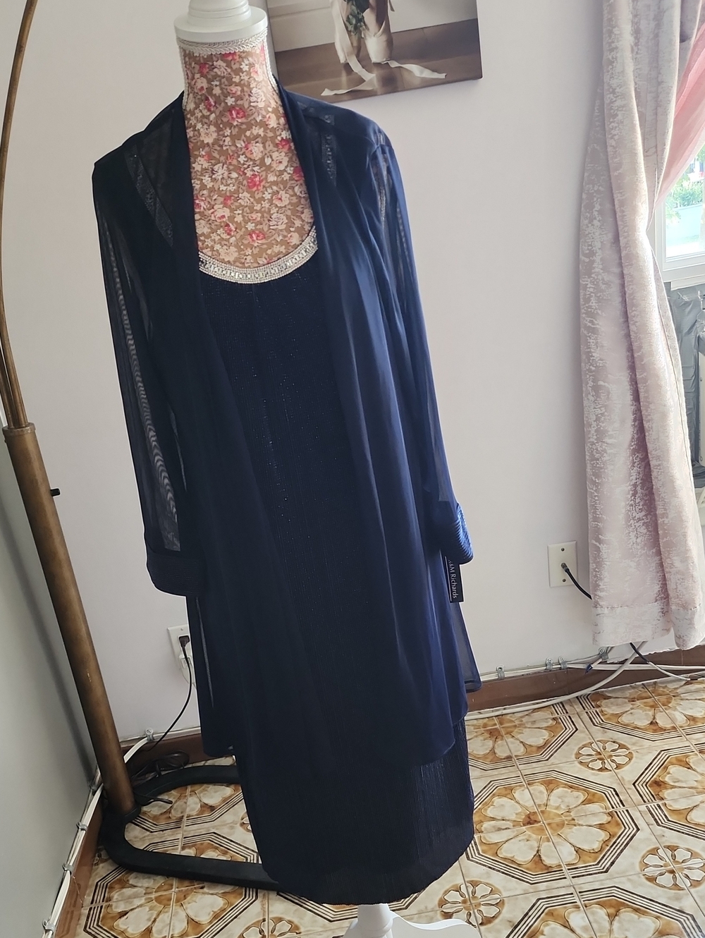 R&M Richards Royal Blue Evening Dress with Sheer Overlay